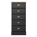 Nola Black & Wooden Top 5 Drawer Narrow Chest by Lavishway | Chest Of Drawers