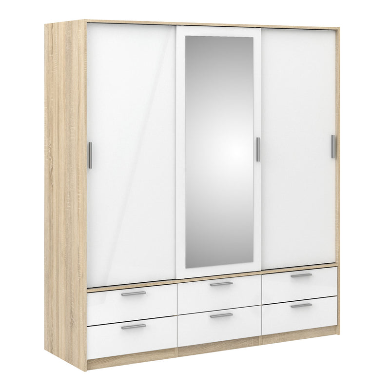 Line Oak & White High Gloss 3 Doors Wardrobe by Lavishway | Wardrobe-29561