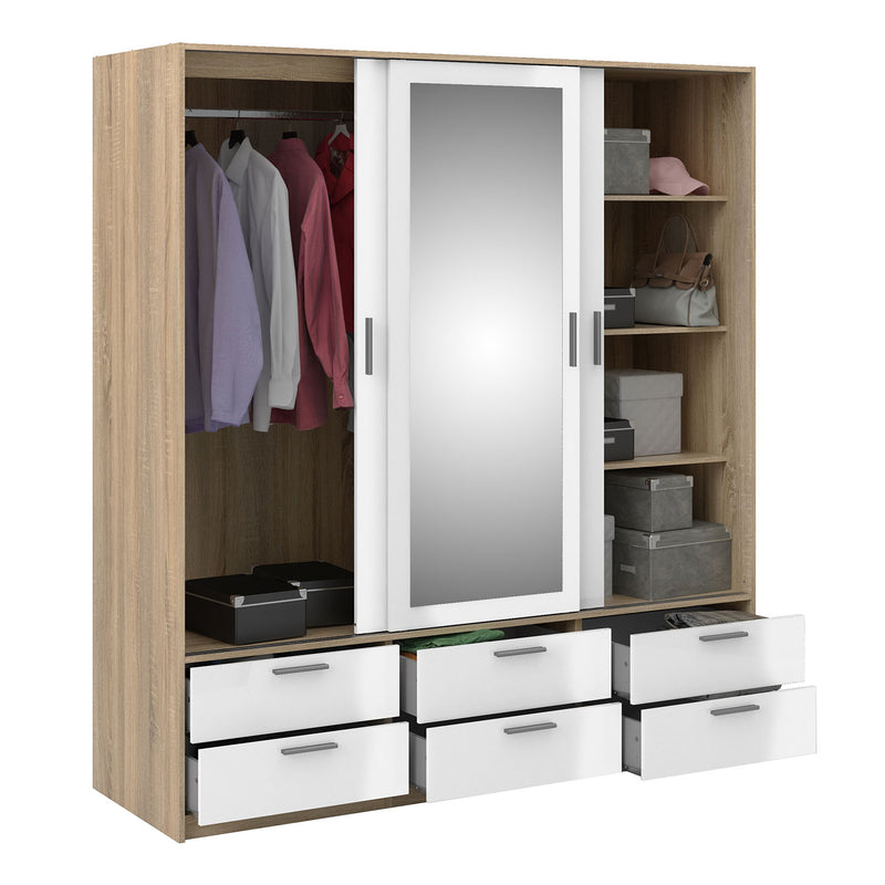 Line Oak & White High Gloss 3 Doors Wardrobe by Lavishway | Wardrobe-29562