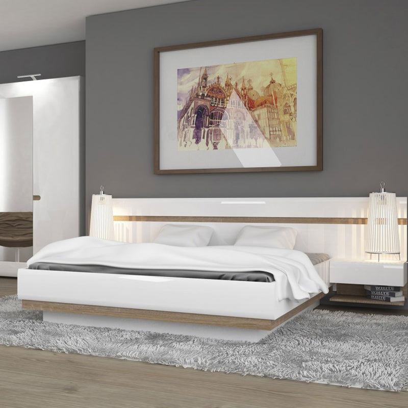 Chelsea White High Gloss Bed With Oak Trim by Lavishway | Wooden Beds-30209