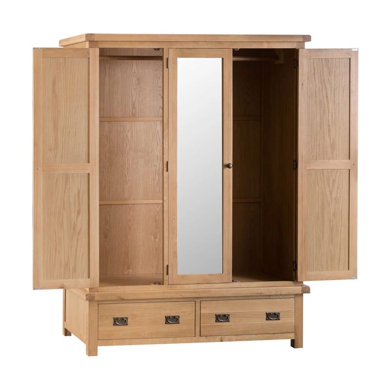 Chunky Oak 3 Doors Wardrobe With Mirror by Lavishway | Wardrobe-32608