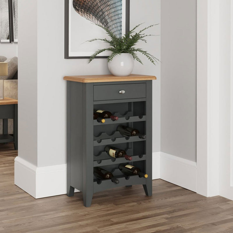 Grantham Oak Top 1 Drawer Grey Wine Cabinet by Lavishway | Wine Racks-33938