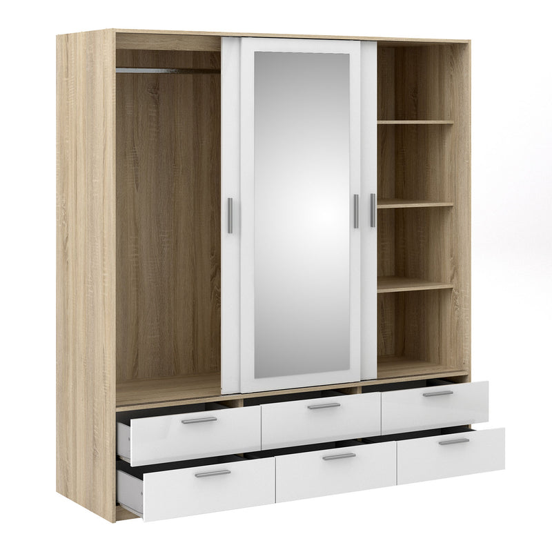 Line Oak & White High Gloss 3 Doors Wardrobe by Lavishway | Wardrobe-29564