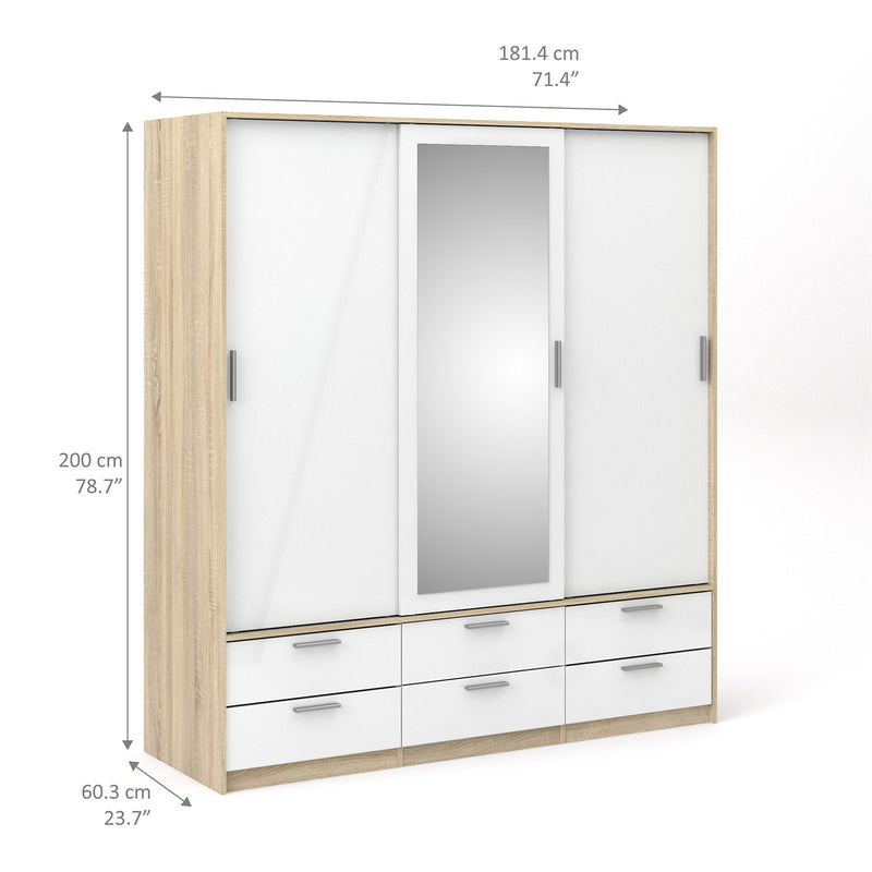 Line Oak & White High Gloss 3 Doors Wardrobe by Lavishway | Wardrobe-29570