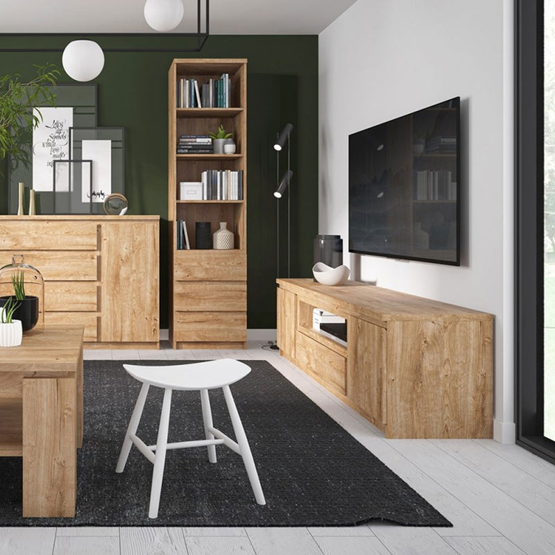 Fribo Oak Narrow 1 Door 3 Drawers Cupboard by Lavishway | Bookcases & Shelves-30318