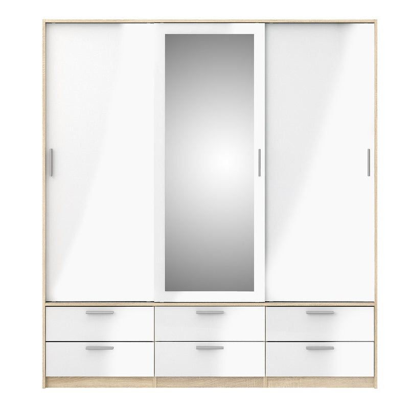 Line Oak & White High Gloss 3 Doors Wardrobe by Lavishway | Wardrobe-29565