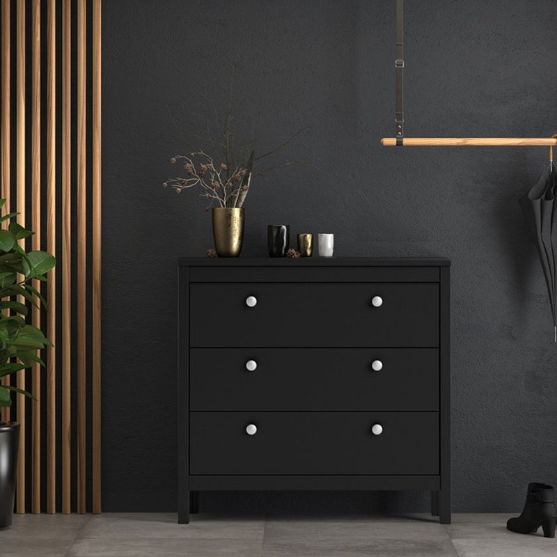 Madrid Matt Black 3 Chest Of Drawers by Lavishway | Chest Of Drawers-29935