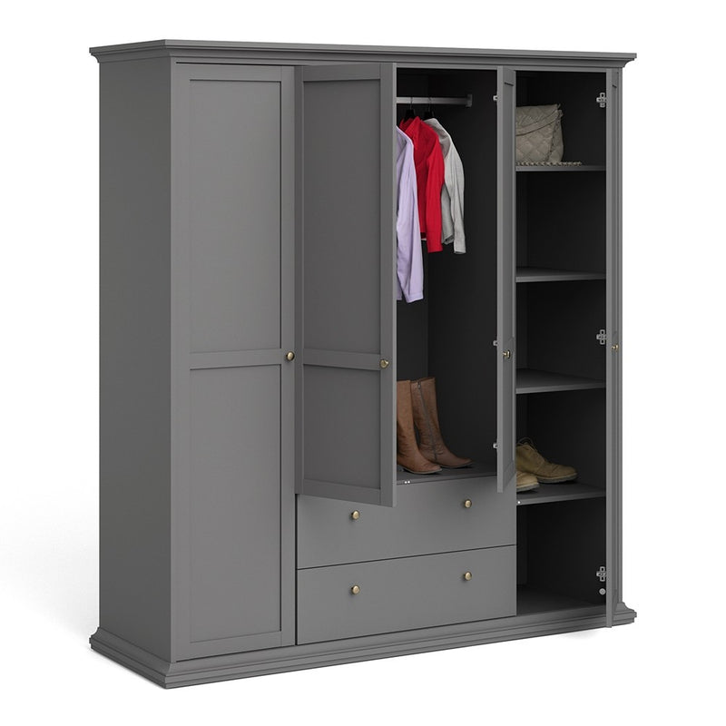 Paris 4 Doors Wardrobe in Matt Grey by Lavishway | Wardrobe-42080
