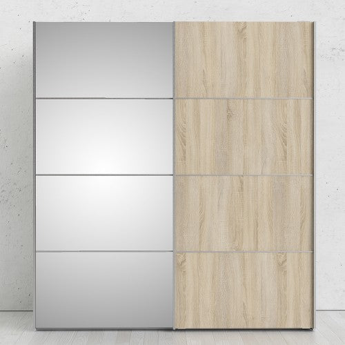 Verona Oak Finish Mirror Sliding Wardrobe by Lavishway | Wardrobe-33182