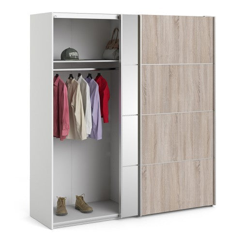 Verona Oak Finish Mirror Sliding Wardrobe by Lavishway | Wardrobe-33195