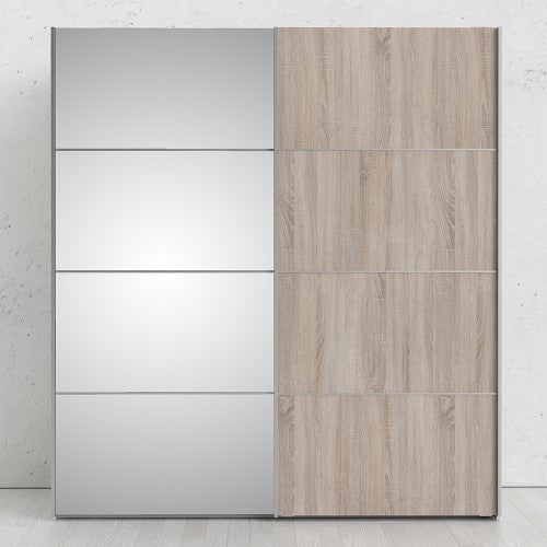 Verona Oak Finish Mirror Sliding Wardrobe by Lavishway | Wardrobe-33192