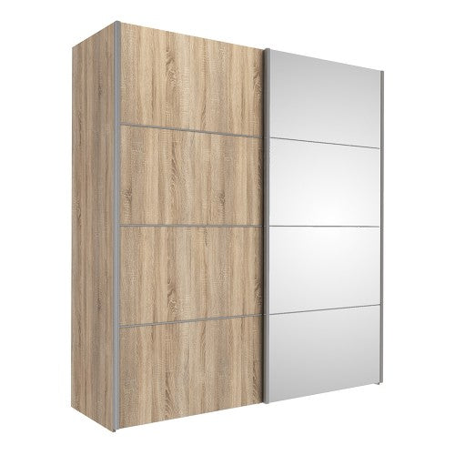 Verona Oak Finish Mirror Sliding Wardrobe by Lavishway | Wardrobe-33229