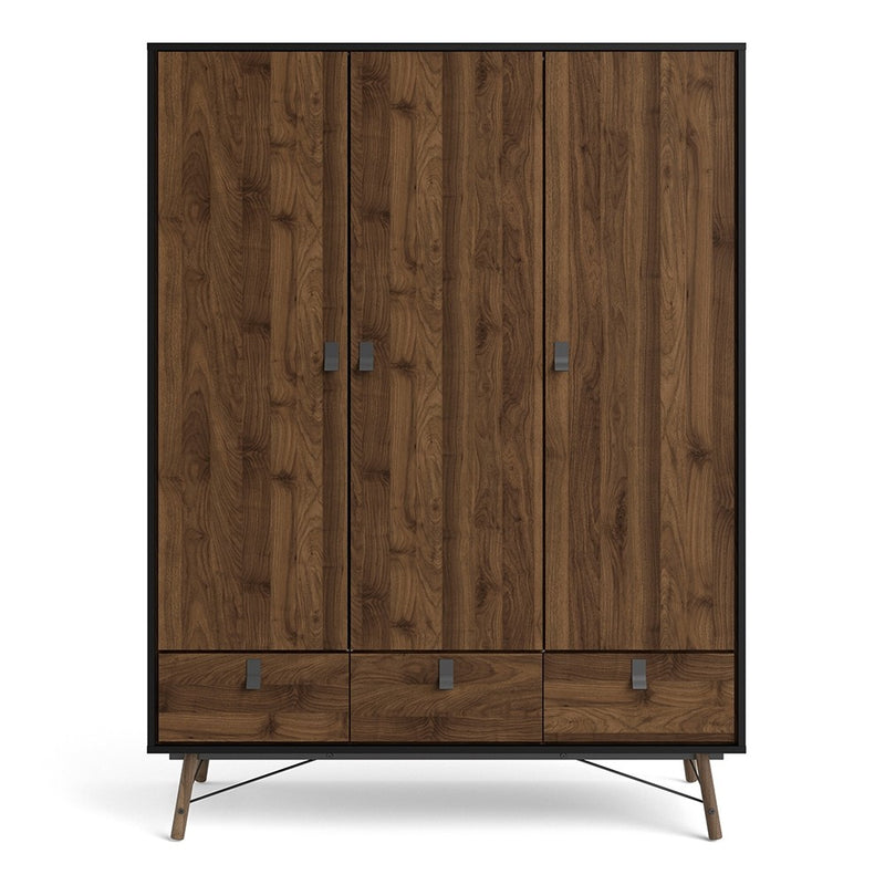 Ry Matt Black 3 Doors Walnut Wardrobe by Lavishway | Wardrobe-34715