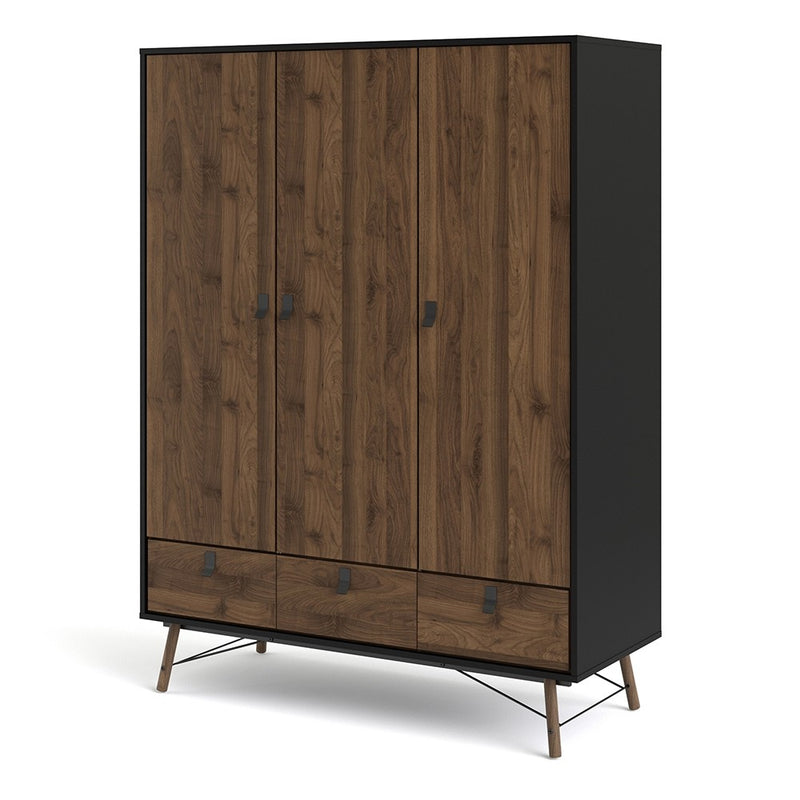 Ry Matt Black 3 Doors Walnut Wardrobe by Lavishway | Wardrobe-34716