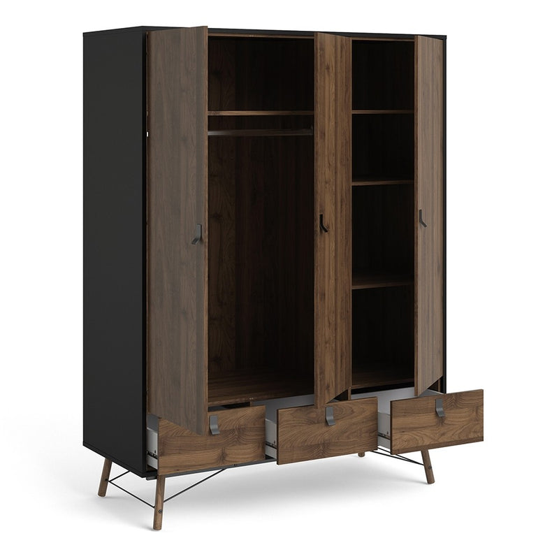 Ry Matt Black 3 Doors Walnut Wardrobe by Lavishway | Wardrobe-34717