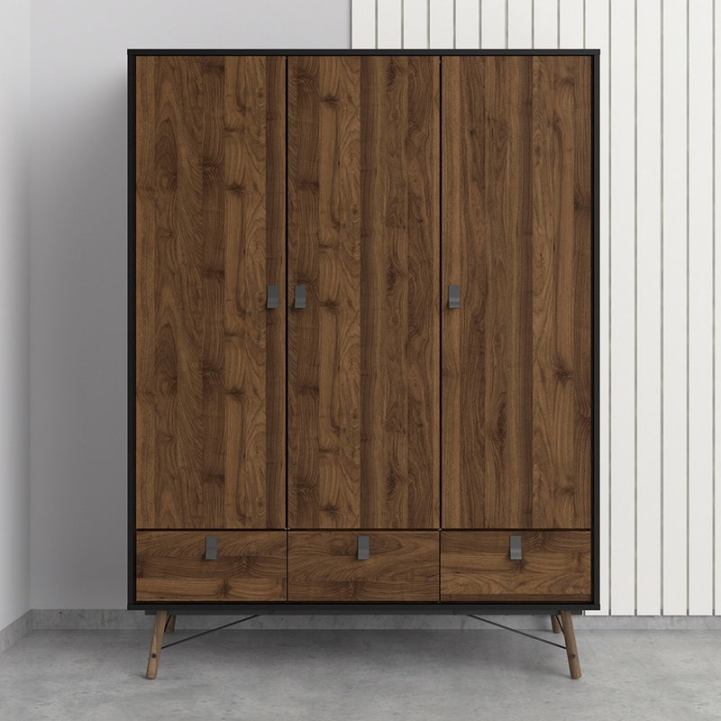 Ry Matt Black 3 Doors Walnut Wardrobe by Lavishway | Wardrobe-34712