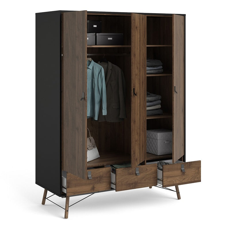 Ry Matt Black 3 Doors Walnut Wardrobe by Lavishway | Wardrobe-34713