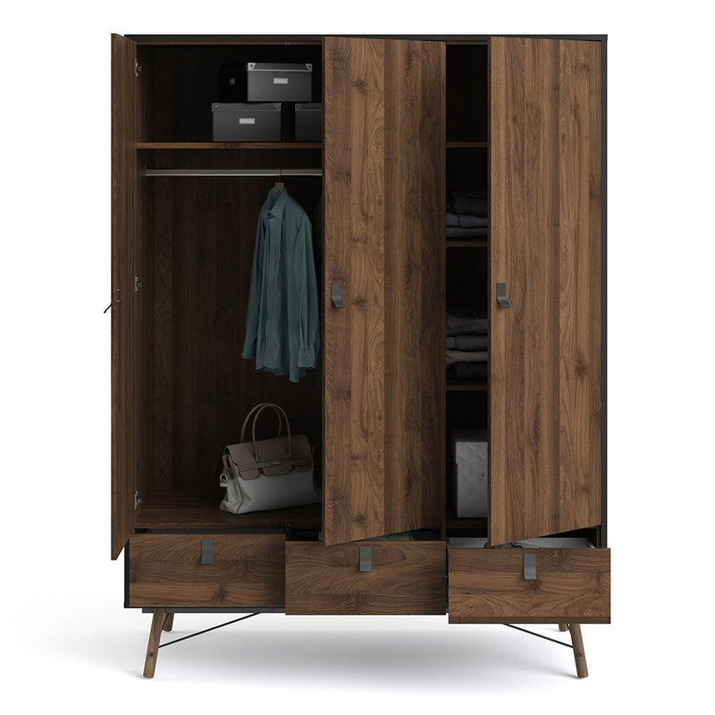 Ry Matt Black 3 Doors Walnut Wardrobe by Lavishway | Wardrobe-34714