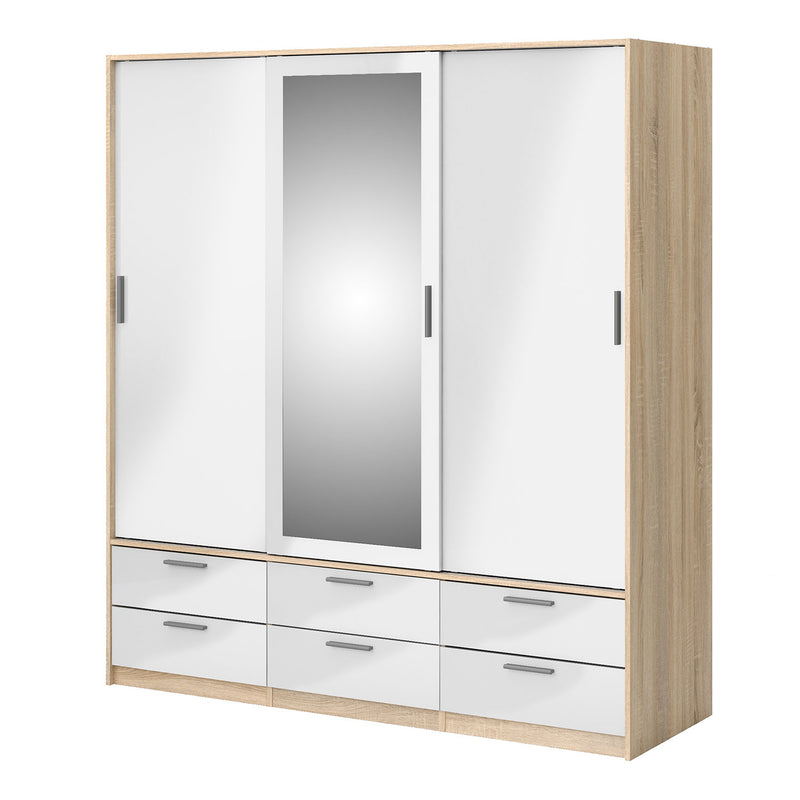Line Oak & White High Gloss 3 Doors Wardrobe by Lavishway | Wardrobe-29563