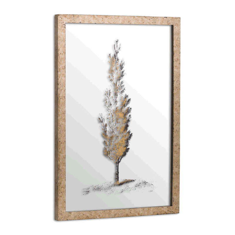 Pine Tree Mirrored Brass Frame Wall Art by Lavishway | Art Gallery-51297