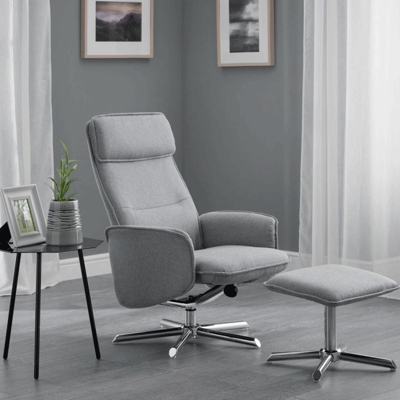 Aria Grey Linen Fabric Recliner Chair & Stool by Lavishway | Fabric Sofas-21096