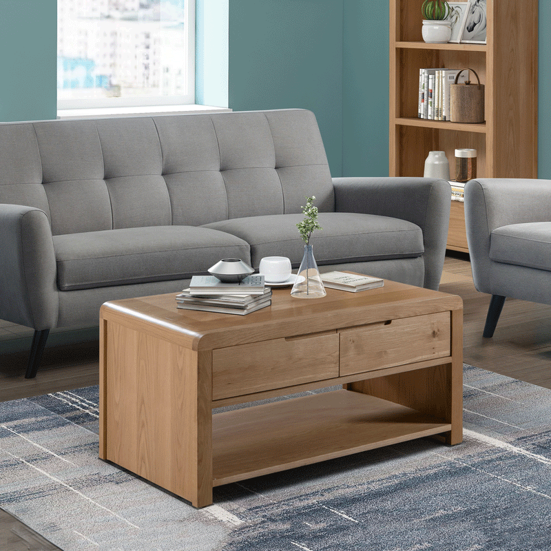 Curve Solid Oak 2 Drawers Coffee Table by Lavishway | Coffee Tables-20498