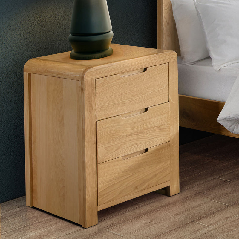 Curve Solid Oak 3 Drawers Bedside Table by Lavishway | Bedside Tables-20436