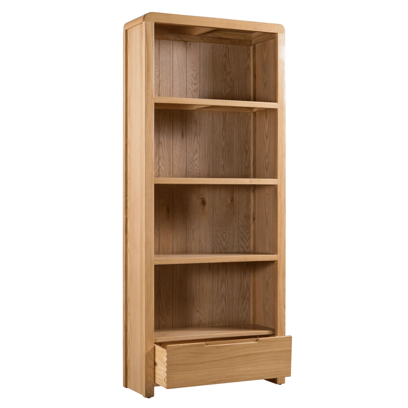 Curve Solid Oak SIngle Drawer Tall Bookcase by Lavishway | Book Shelves and Cabinets-20473