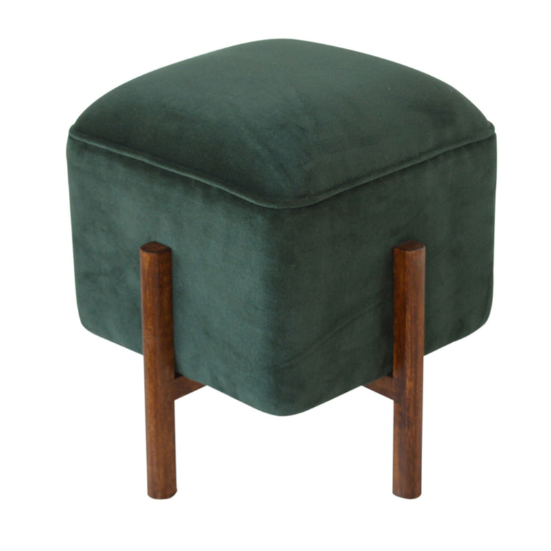 Emerald Green Velvet Footstool With Wood Leg by Lavishway | Footstool-60178