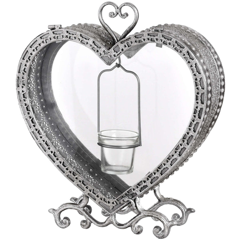 Free Standing Silver Heart Tealight Lantern by Lavishway | Candle Holders-26578