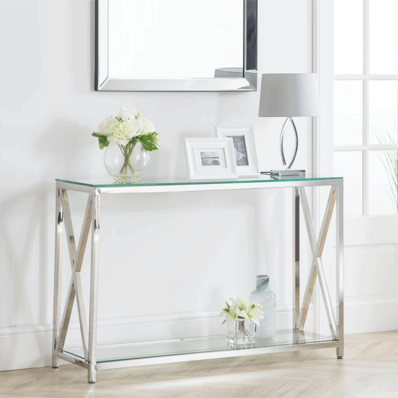 Miami Glass Top Chrome Console Table by Lavishway | Hallway Console Table-61659
