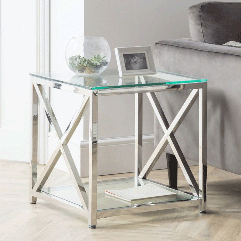 Miami Glass Top Chrome Lamp Table by Lavishway | Side Tables-61648