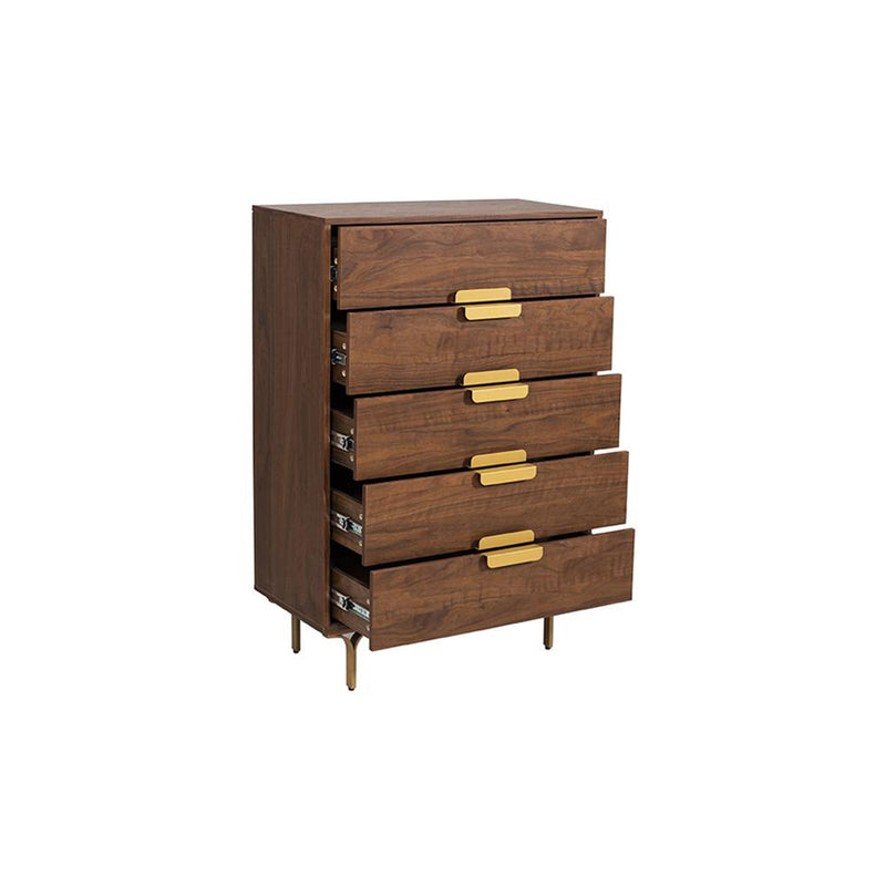 Ola Walnut 5 Drawers Gold Handles Chest by Lavishway | Chest Of Drawers-23115