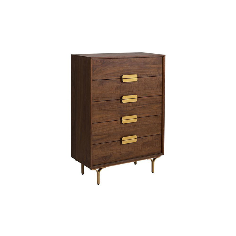 Ola Walnut 5 Drawers Gold Handles Chest by Lavishway | Chest Of Drawers-23113