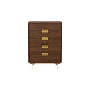 Ola Walnut 5 Drawers Gold Handles Chest by Lavishway | Chest Of Drawers-23114