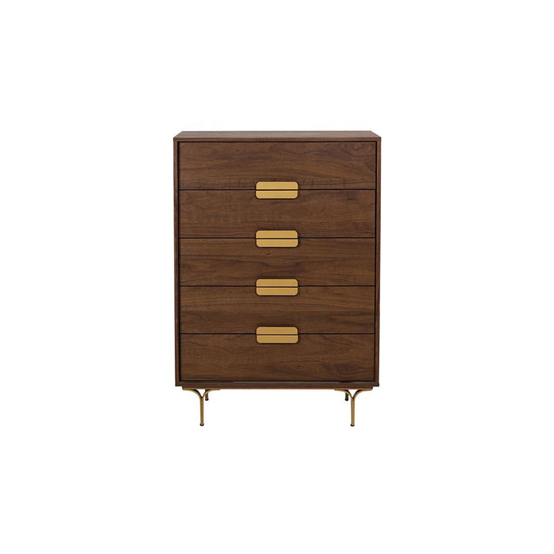 Ola Walnut 5 Drawers Gold Handles Chest by Lavishway | Chest Of Drawers-23114