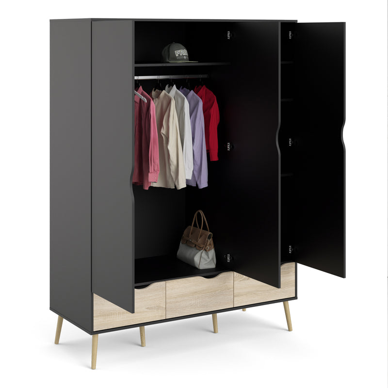 Oslo Black & Oak Finish 3 Doors Wardrobe