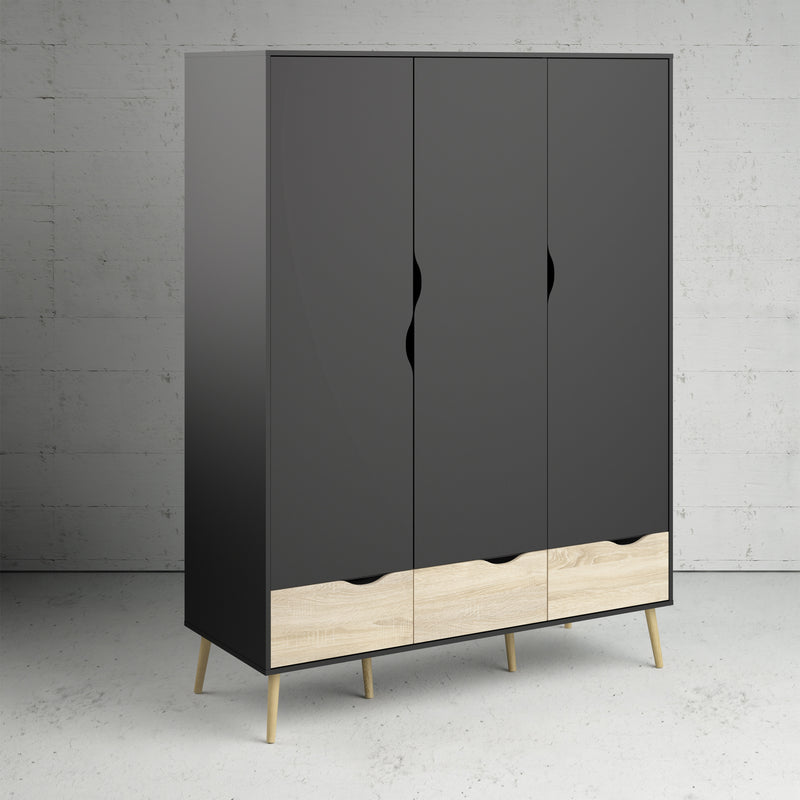 Oslo Black & Oak Finish 3 Doors Wardrobe