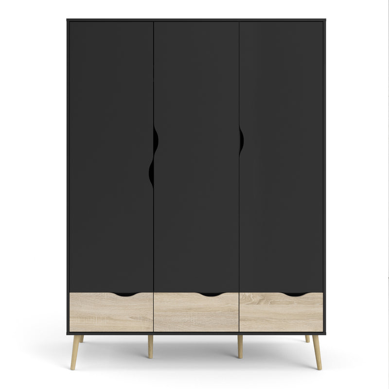 Oslo Black & Oak Finish 3 Doors Wardrobe