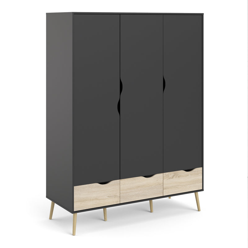 Oslo Black & Oak Finish 3 Doors Wardrobe