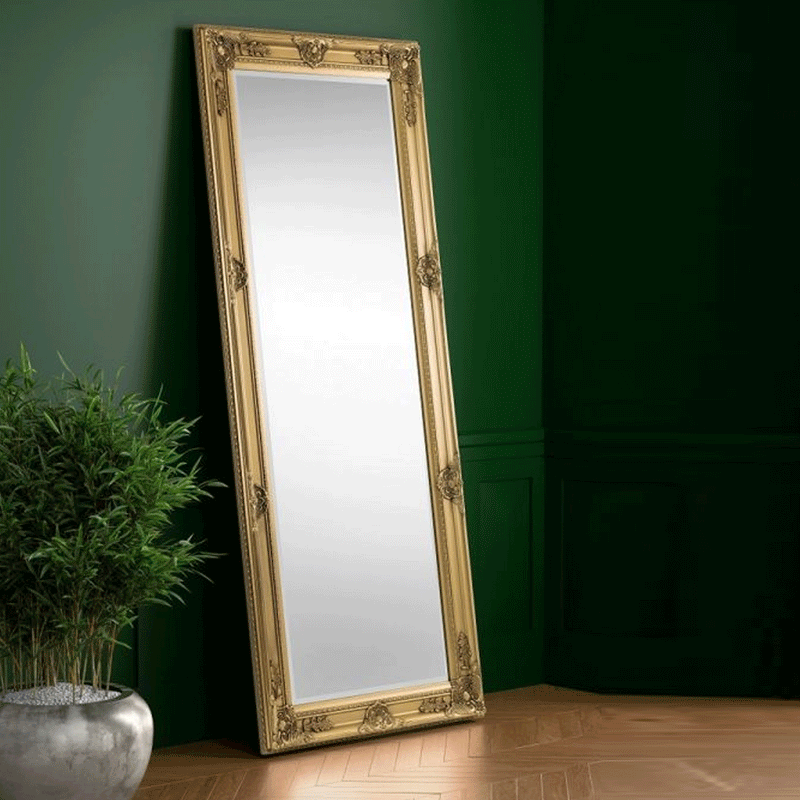 Palais Gold Wooden Leaner Dresser Wall Mirror by Lavishway | Wall Mirrors-61283