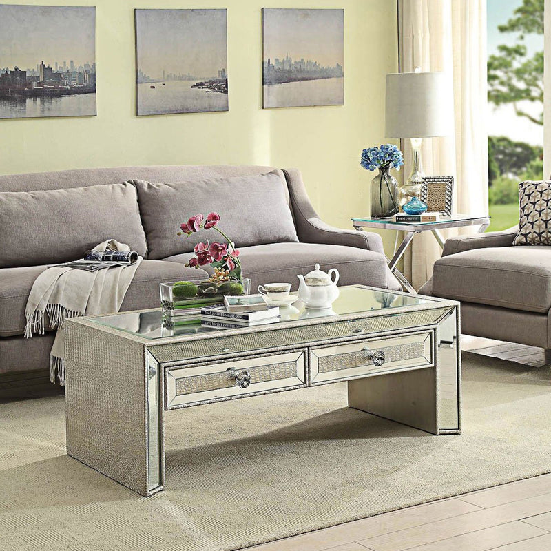 Sofia Silver Mirrored 2 Drawers Coffee Table by Lavishway | Coffee Tables-23846