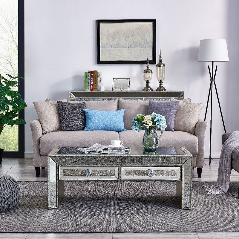 Sofia Silver Mirrored 2 Drawers Coffee Table by Lavishway | Coffee Tables-23845