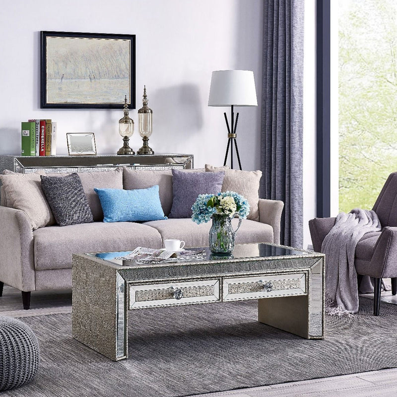 Sofia Silver Mirrored 2 Drawers Coffee Table by Lavishway | Coffee Tables-23844