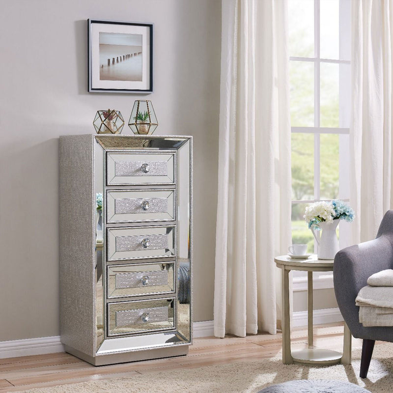 Sofia Tall Silver Mirrored 5 Drawer Chest by Lavishway | Chest Of Drawers-23879