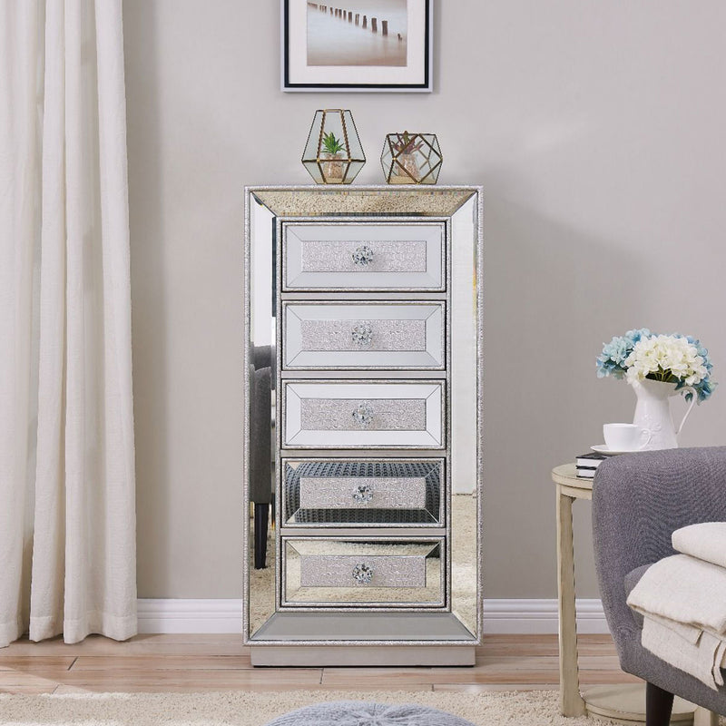 Sofia Tall Silver Mirrored 5 Drawer Chest by Lavishway | Chest Of Drawers-23880