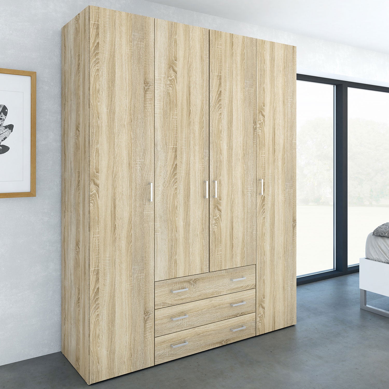 Space Oak Finish 4 Doors Wardrobe | Lavishway UK