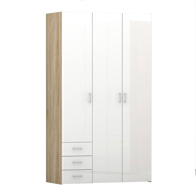 Space Oak & White High Gloss 3 Doors Wardrobe by Lavishway | Wardrobe-28832