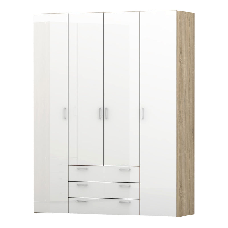 Space Oak & White High Gloss 4 Doors Wardrobe by Lavishway | Wardrobe-28801