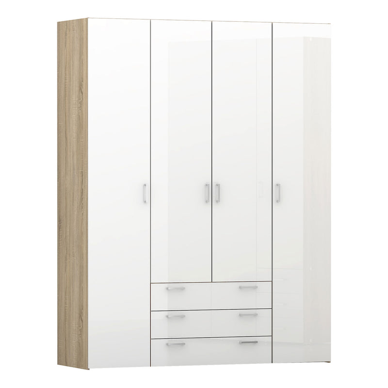 Space Oak & White High Gloss 4 Doors Wardrobe by Lavishway | Wardrobe-28800